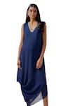 Blue Lotus Design_Blue Georgette Embroidered Thread V Neck Neckline Cowl Dress _at_Aza_Fashions