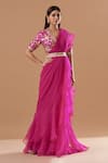 Buy_Blue Lotus Design_Pink Organza Embroidered Floral Deep V Neck Ruffle Pre-draped Saree With Blouse _at_Aza_Fashions