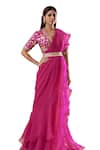 Blue Lotus Design_Pink Organza Embroidered Floral Deep V Neck Ruffle Pre-draped Saree With Blouse _Online_at_Aza_Fashions