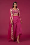 Buy_Blue Lotus Design_Pink Organza Embroidered Floral Cape Open Neck Dhoti Skirt Set _at_Aza_Fashions