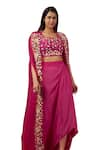 Buy_Blue Lotus Design_Pink Organza Embroidered Floral Cape Open Neck Dhoti Skirt Set _Online_at_Aza_Fashions