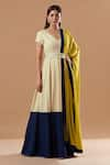 Buy_Blue Lotus Design_Beige Cotton Solid V Neck Color Blocked Anarkali With Dupatta _at_Aza_Fashions