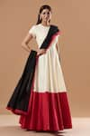 Buy_Blue Lotus Design_Beige Cotton Solid Round Color Blocked Anarkali With Dupatta _at_Aza_Fashions