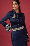 Buy_Blue Lotus Design_Blue Satin Embellished Sequin Shirt Collar Bead With Pencil Skirt _Online_at_Aza_Fashions