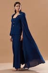 Buy_Blue Lotus Design_Blue Crepe Plain Blazer Lapel Collar Solid Cape Sleeve Pant Set _at_Aza_Fashions