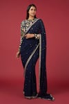 Buy_Blue Lotus Design_Blue Georgette Embroidered Floral Round Sequined Saree With Blouse _at_Aza_Fashions