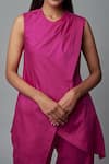 Blue Lotus Design_Pink Cotton Solid Round Overlap Kurta With Pant _Online_at_Aza_Fashions