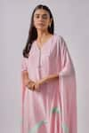 Blue Lotus Design_Pink Crepe Tasselled V-neck Asymmetric Kaftan With Pant _Online_at_Aza_Fashions