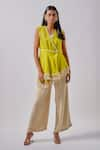 Buy_Blue Lotus Design_Yellow Crepe Embellished Lace V-neck Asymmetric Overlap Panel Kurta With Pant _at_Aza_Fashions