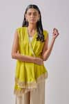 Blue Lotus Design_Yellow Crepe Embellished Lace V-neck Asymmetric Overlap Panel Kurta With Pant _Online_at_Aza_Fashions