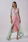 Buy_Blue Lotus Design_Pink Crepe Embellished Sequin Jacket Open Cut-out Draped Dress With Sheer _at_Aza_Fashions