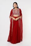 Buy_Blue Lotus Design_Red Georgette Embroidered Floral Cape Sequin Embellished Border Palazzo Set _at_Aza_Fashions