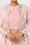 Blue Lotus Design_Pink Raw Silk Embroidered Floral Jacket Open Ruffle Hem Pant Set _Online_at_Aza_Fashions