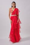 Blue Lotus Design_Red Georgette Embroidered Floral Tiered Pre Draped Ruffle Saree With Blouse _Online_at_Aza_Fashions