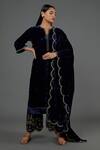 Buy_Blue Lotus Design_Blue Velvet Embroidered Zardozi Notched Kurta Pant Set _at_Aza_Fashions