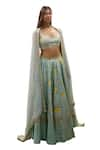 Shop_Blue Lotus Design_Blue Raw Silk Printed Bead Sweetheart Floral Lehenga Set _at_Aza_Fashions