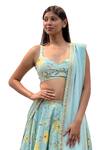 Shop_Blue Lotus Design_Blue Raw Silk Printed Bead Sweetheart Floral Lehenga Set _Online_at_Aza_Fashions