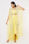 Buy_Blue Lotus Design_Yellow Organza Embroidered Floral Cape Open Border Draped Skirt Set _at_Aza_Fashions