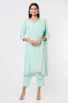 Buy_Blue Lotus Design_Blue Cotton Silk Printed Bead V-neck Back Kurta Pant Set _at_Aza_Fashions