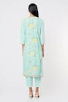 Shop_Blue Lotus Design_Blue Cotton Silk Printed Bead V-neck Back Kurta Pant Set _at_Aza_Fashions