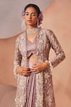 Sachkiran Bimbra_Purple Organza Embroidery Zari V Neck Padma Jacket Draped Skirt Set _Online_at_Aza_Fashions