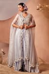 Buy_Sachkiran Bimbra_Blue Organza Embroidery Zari V Neck Iris Bloom Cape Draped Skirt Set _at_Aza_Fashions