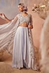 Shop_Sachkiran Bimbra_Blue Organza Embroidery Zari V Neck Iris Bloom Cape Draped Skirt Set _at_Aza_Fashions