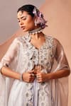 Buy_Sachkiran Bimbra_Blue Organza Embroidery Zari V Neck Iris Bloom Cape Draped Skirt Set _Online_at_Aza_Fashions