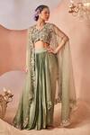 Buy_Sachkiran Bimbra_Green Organza Embroidery Zari V Neck Ivy Bloom Sheer Cape Draped Skirt Set _at_Aza_Fashions