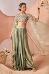 Shop_Sachkiran Bimbra_Green Organza Embroidery Zari V Neck Ivy Bloom Sheer Cape Draped Skirt Set _Online_at_Aza_Fashions