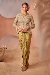 Buy_Sachkiran Bimbra_Green Organza Embroidery Zari V Neck Glory Garden Jacket With Draped Skirt _at_Aza_Fashions