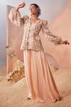 Buy_Sachkiran Bimbra_Peach Chiffon Embroidery Zari V Neck Lily Garden Short Kurta With Sharara _at_Aza_Fashions