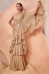 Buy_Sachkiran Bimbra_Beige Chiffon Embroidery Zari Off Shimmering Pre-draped Ruffle Saree Set _at_Aza_Fashions