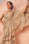 Sachkiran Bimbra_Beige Chiffon Embroidery Zari Off Shimmering Pre-draped Ruffle Saree Set _Online_at_Aza_Fashions