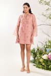 Buy_Meadow_Pink Dress - Silk Cotton Organza Embroidery Floral Collared Neck Hand _at_Aza_Fashions