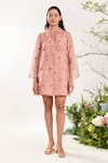 Meadow_Pink Dress - Silk Cotton Organza Embroidery Floral Collared Neck Hand _Online_at_Aza_Fashions