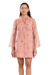 Buy_Meadow_Pink Dress - Silk Cotton Organza Embroidery Floral Collared Neck Hand _Online_at_Aza_Fashions