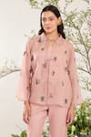 Meadow_Pink Jacket Silk Cotton Organza Embroidery Floral Collared Neck Hand Pant Set _Online_at_Aza_Fashions