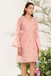 Buy_Meadow_Pink Dress - Silk Cotton Organza Hand Embroidery Sunflower Lapel Floral Coat _at_Aza_Fashions