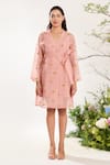 Meadow_Pink Dress - Silk Cotton Organza Hand Embroidery Sunflower Lapel Floral Coat _Online_at_Aza_Fashions