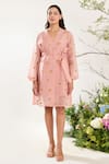 Buy_Meadow_Pink Dress - Silk Cotton Organza Hand Embroidery Sunflower Lapel Floral Coat _Online_at_Aza_Fashions