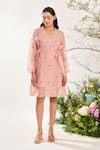 Shop_Meadow_Pink Dress - Silk Cotton Organza Hand Embroidery Sunflower Lapel Floral Coat _Online_at_Aza_Fashions