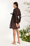 Shop_Meadow_Black Silk Cotton Organza Embroidery Floral Lapel Summer Coat Dress With Belt _at_Aza_Fashions