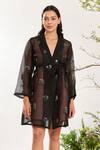 Meadow_Black Silk Cotton Organza Embroidery Floral Lapel Summer Coat Dress With Belt _Online_at_Aza_Fashions