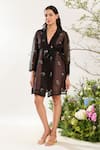 Buy_Meadow_Black Silk Cotton Organza Embroidery Floral Lapel Summer Coat Dress With Belt _Online_at_Aza_Fashions