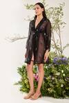 Shop_Meadow_Black Silk Cotton Organza Embroidery Floral Lapel Summer Coat Dress With Belt _Online_at_Aza_Fashions