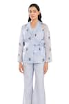 Meadow_Blue Jacket - Silk Cotton Organza Embroidery Flower Vine Hand And Pant Set _Online_at_Aza_Fashions