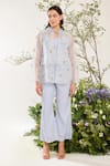 Buy_Meadow_Blue Jacket Silk Cotton Organza Embroidery Daisy Collared Neck Pant Set _at_Aza_Fashions