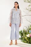 Meadow_Blue Jacket Silk Cotton Organza Embroidery Daisy Collared Neck Pant Set _Online_at_Aza_Fashions