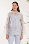 Buy_Meadow_Blue Jacket Silk Cotton Organza Embroidery Daisy Collared Neck Pant Set _Online_at_Aza_Fashions